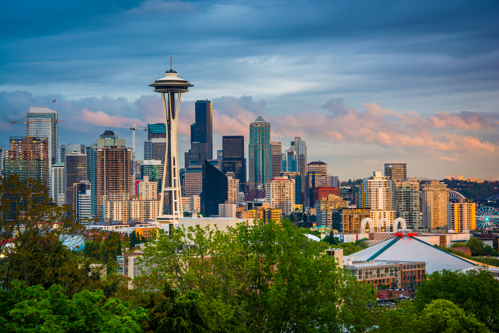 Sunset view of the Seattle skyline from Kerry Park, in Seattle, Washington.